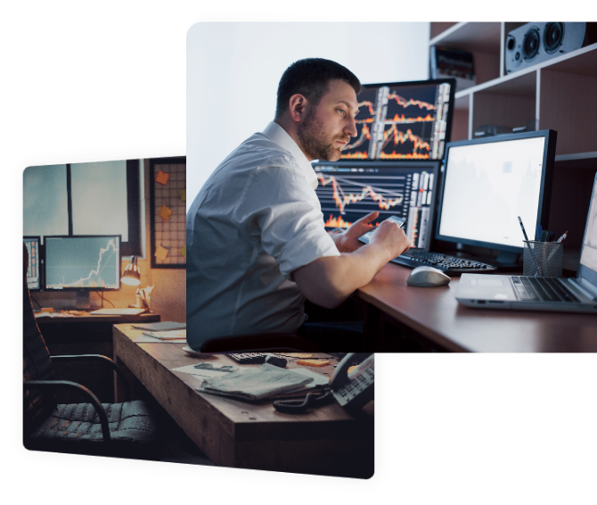 Two images of desk setup and happy man